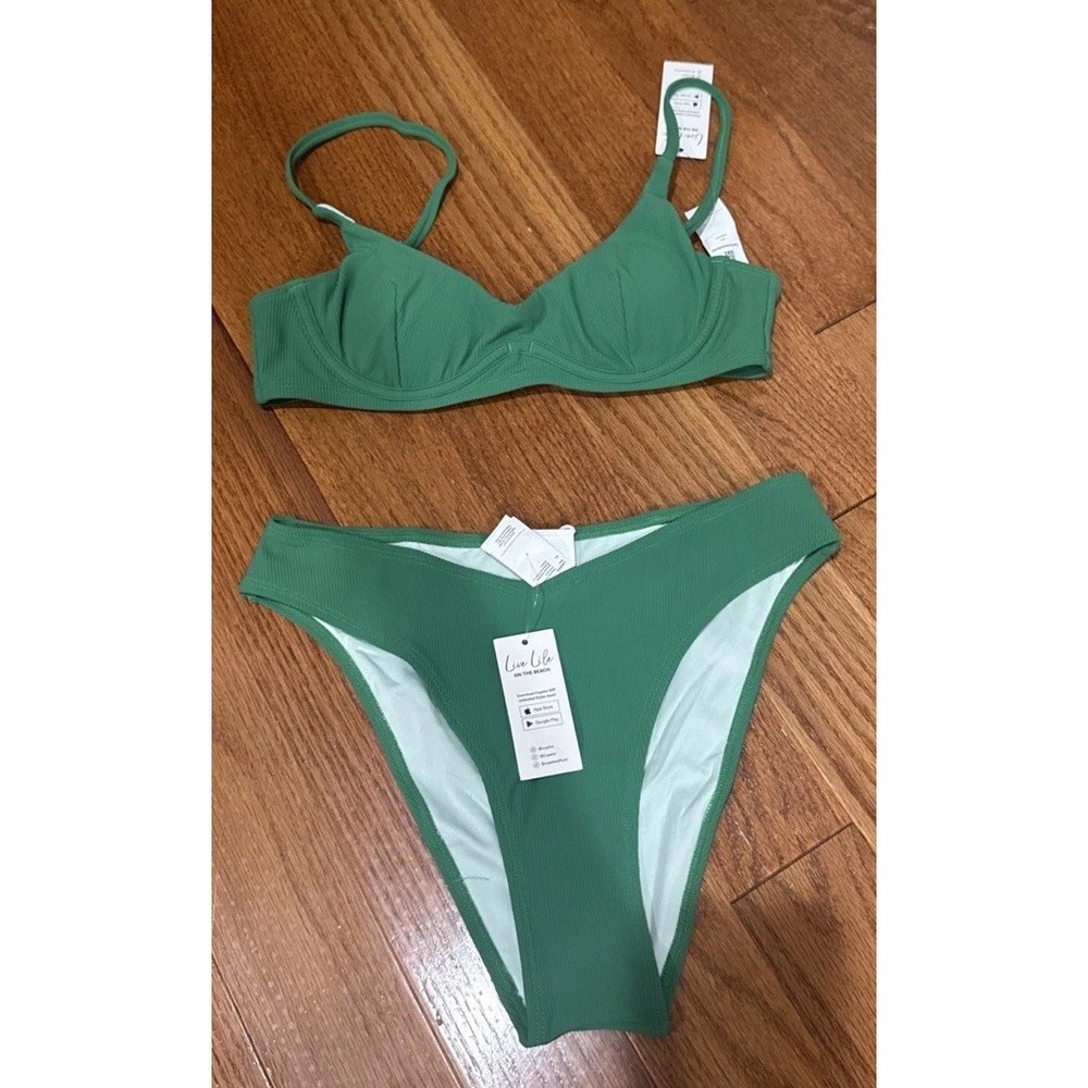 Cupshe Green Textured High-Waist Bikini Set 34B Small Ribbed NWT Padded Top